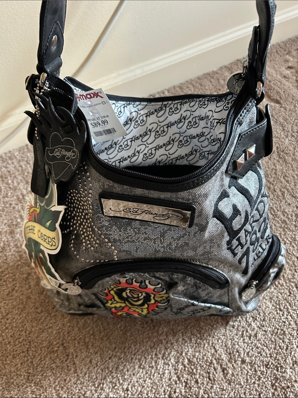 Ed Hardy Metallic Silver Shoulder Bag with Flaming Rose Patch - Picture 10 of 10